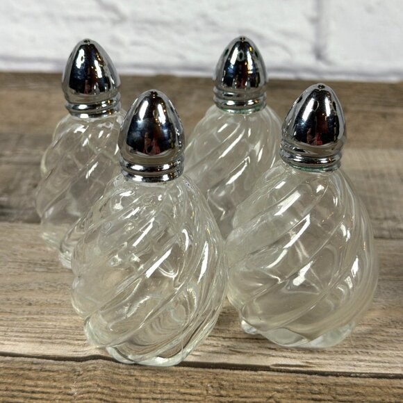 I. Rice Other - Set Of 4 Clear Glass I Rice Swirl Salt Pepper Mini Shakers Japan 1950s Vintage